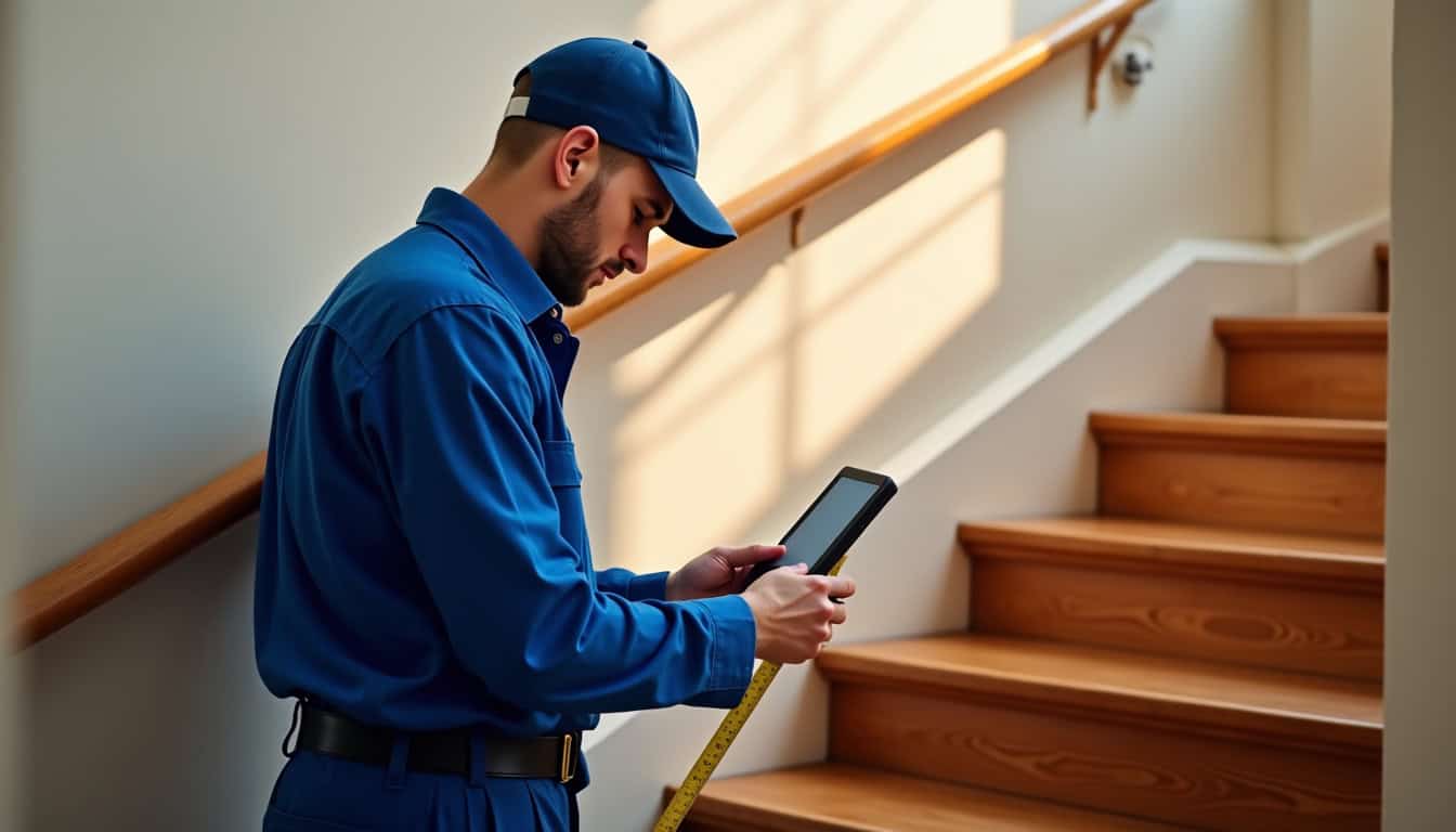 Technicien en train de prendre les mesures d’un escalier tournant pour une installation sur mesure à Quelaines-Saint-Gault