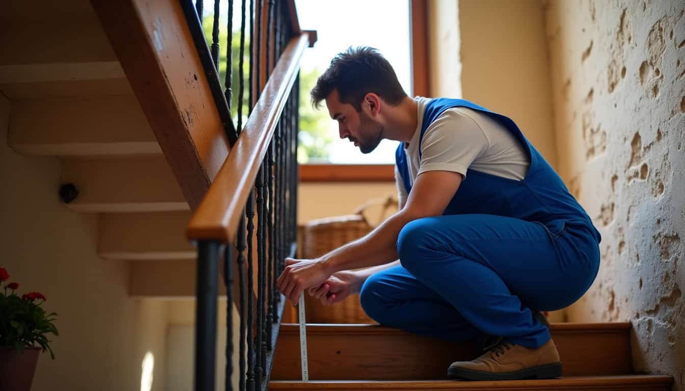 Technicien en train de prendre les mesures pour un monte-escalier à Villelaure