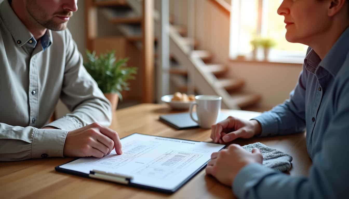 Technicien en train de présenter un devis détaillé pour un monte-escalier à un couple à Rogerville