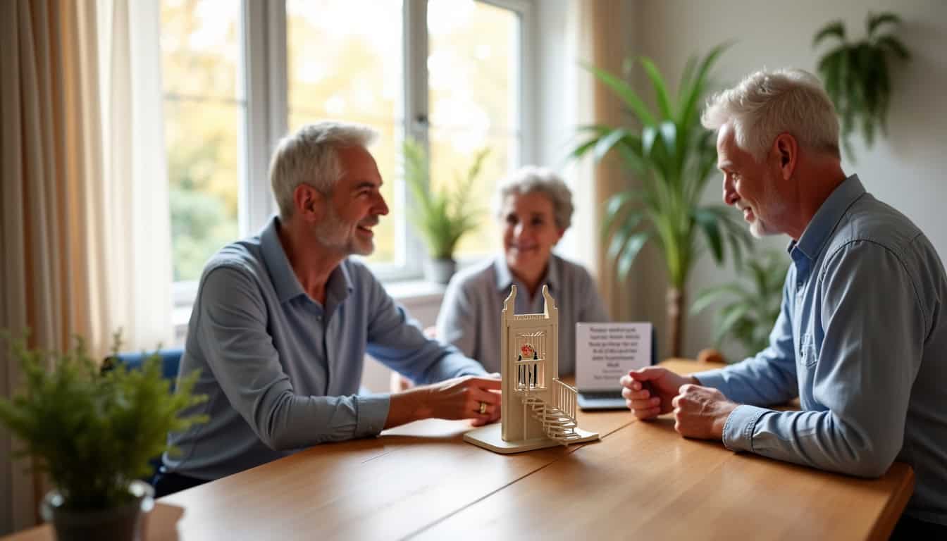 Technicien en train de présenter un devis pour un monte-escalier à un couple âgé dans une maison à Noyal-Muzillac