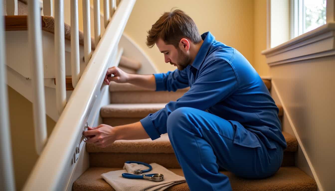 Technicien en train de procéder à la maintenance d’un monte-escalier dans une maison à Montville