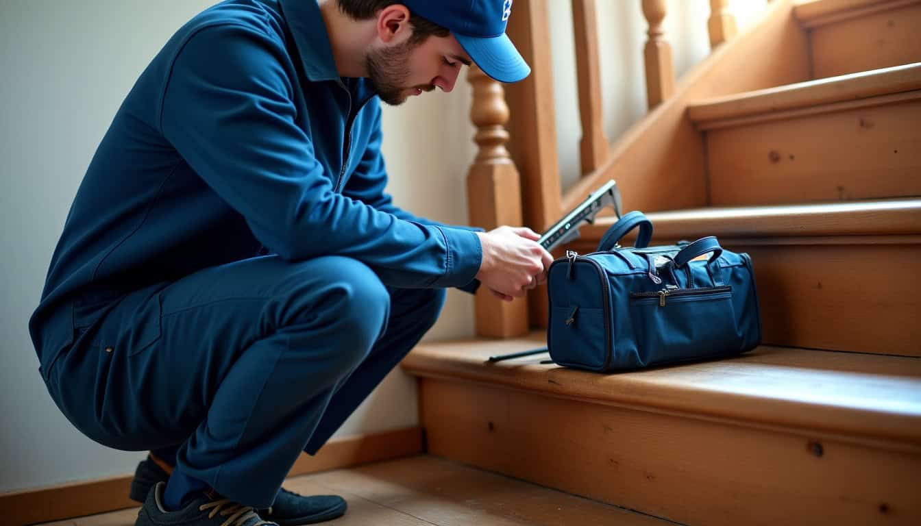 Technicien en train de réaliser un diagnostic sur site pour un monte-escalier à Saint-Hilaire-lez-Cambrai