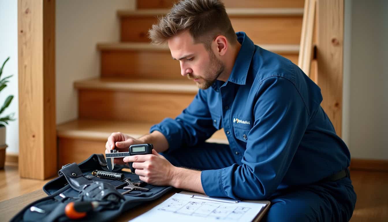 Technicien en train de réaliser un diagnostic technique pour un monte-escalier à Hérépian