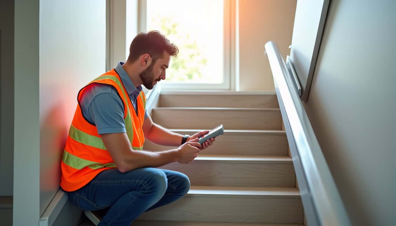 Technicien en train de tester les capteurs de sécurité d’un monte-escalier à Étreillers