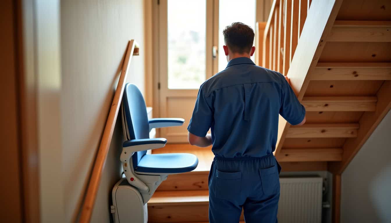 Technicien en train de vérifier le bon fonctionnement d’un monte-escalier après installation à La Tour-sur-Orb