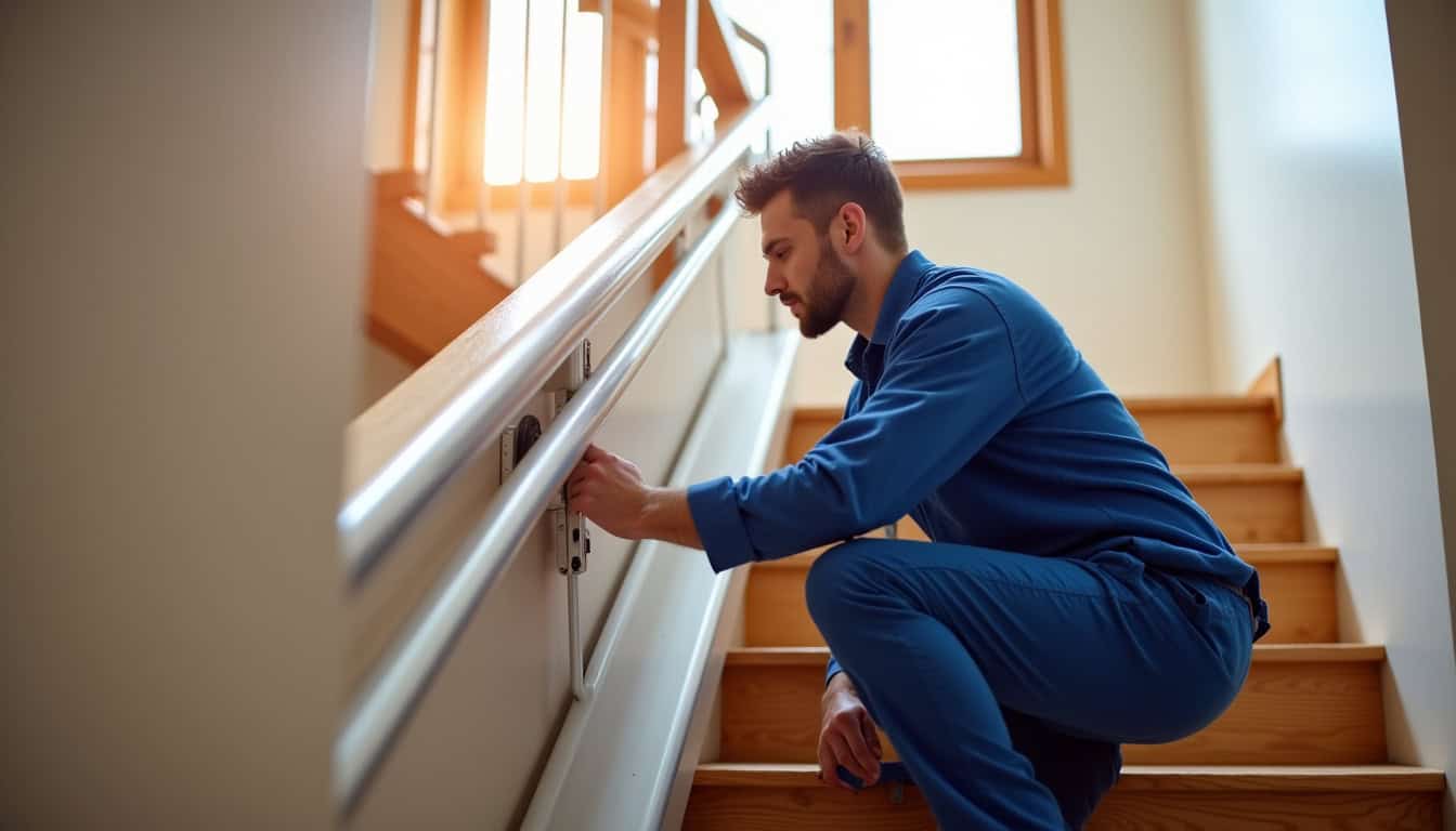 Technicien en train de vérifier le bon fonctionnement d’un monte-escalier après installation
