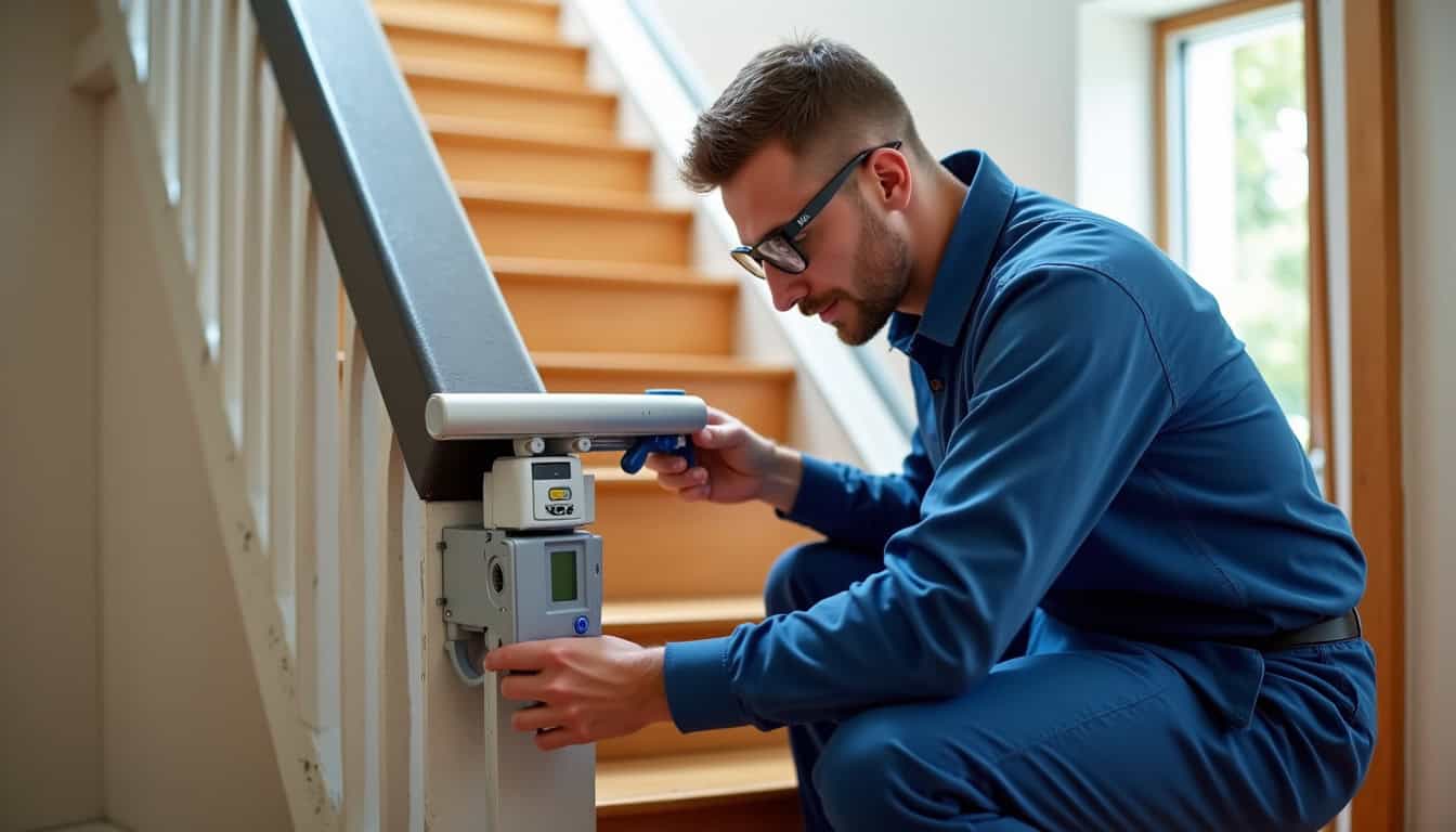 Technicien en train de vérifier le bon fonctionnement d’un monte-escalier
