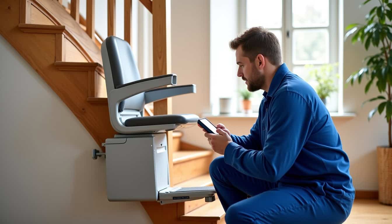 Technicien en train de vérifier le fonctionnement d’un monte-escalier lors d’une maintenance à Sore