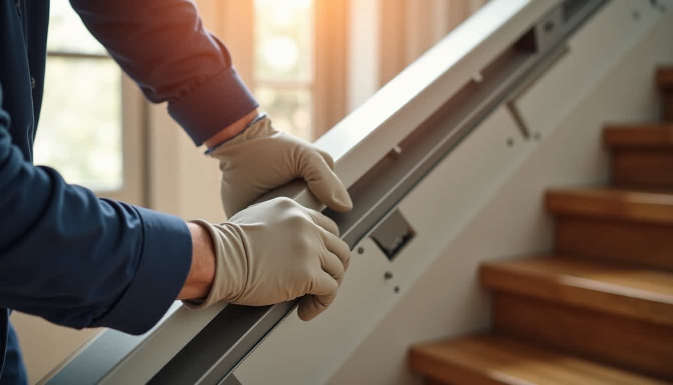 Technicien en train de vérifier les rails d’un monte-escalier dans une habitation à Allauch