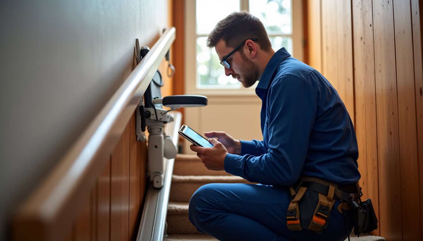 Technicien en train de vérifier un monte-escalier à Biache-Saint-Vaast