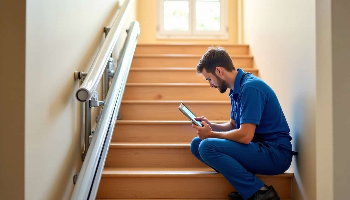 Technicien en train de vérifier un monte-escalier à Givry