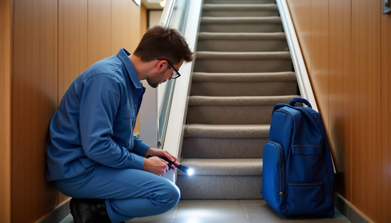 Technicien en train de vérifier un monte-escalier à Hauterive