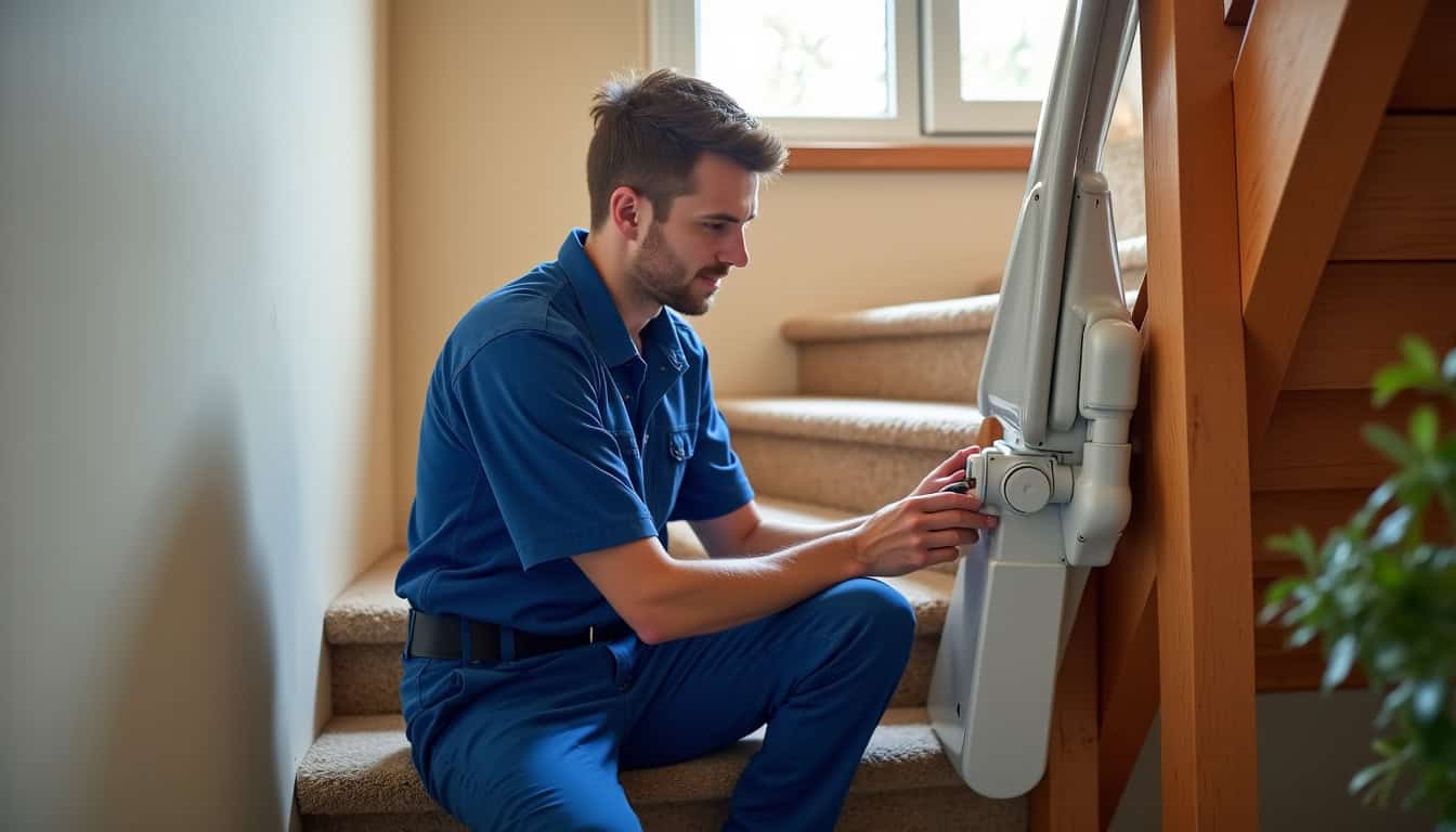 Technicien en train de vérifier un monte-escalier à Montségur-sur-Lauzon