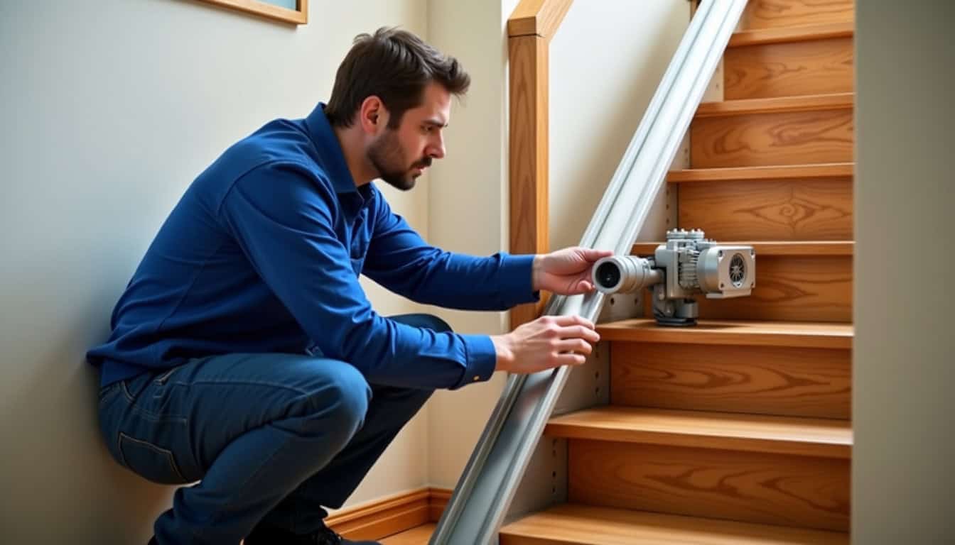 Technicien en train de vérifier un monte-escalier à Saint-Maurice-les-Brousses