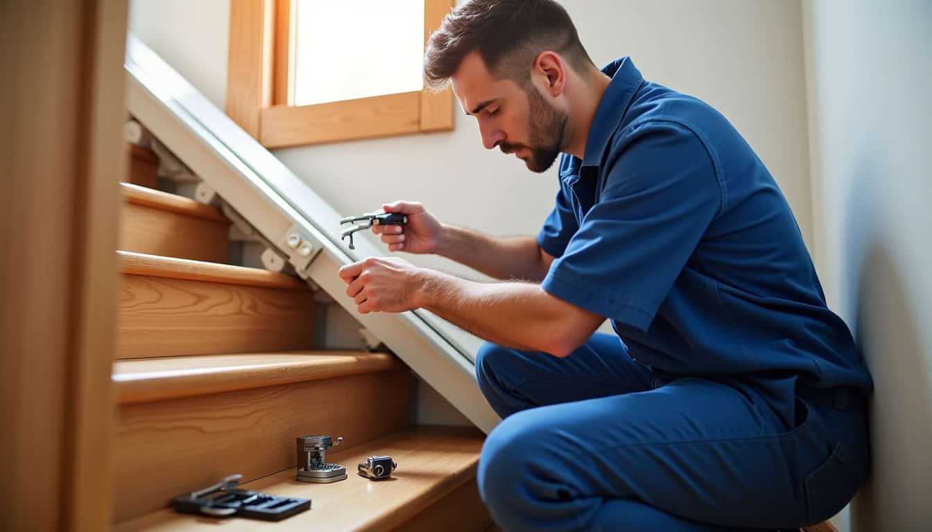 Technicien en train de vérifier un monte-escalier à Sallèles-d’Aude