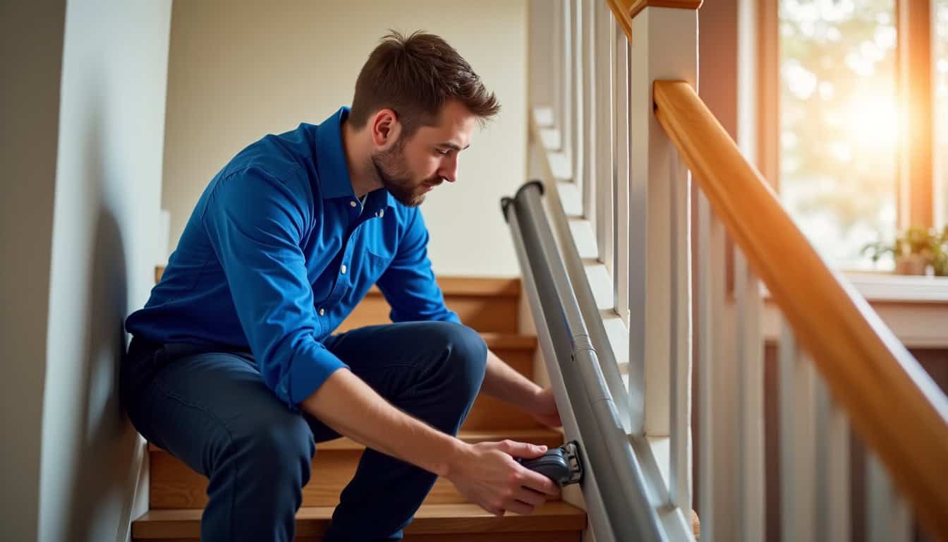Technicien en train de vérifier un monte-escalier après installation, à Plaisir