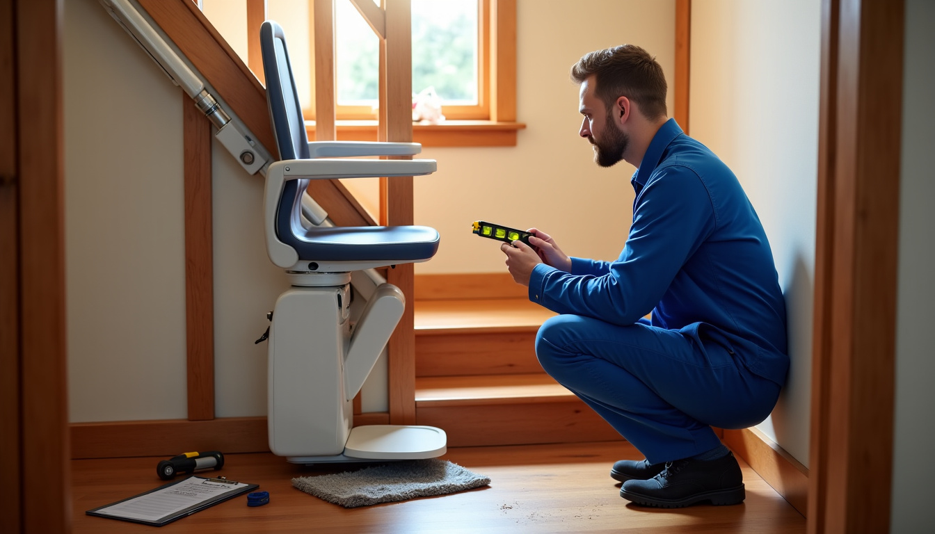 Technicien en train de vérifier un monte-escalier après installation à Toussus-le-Noble