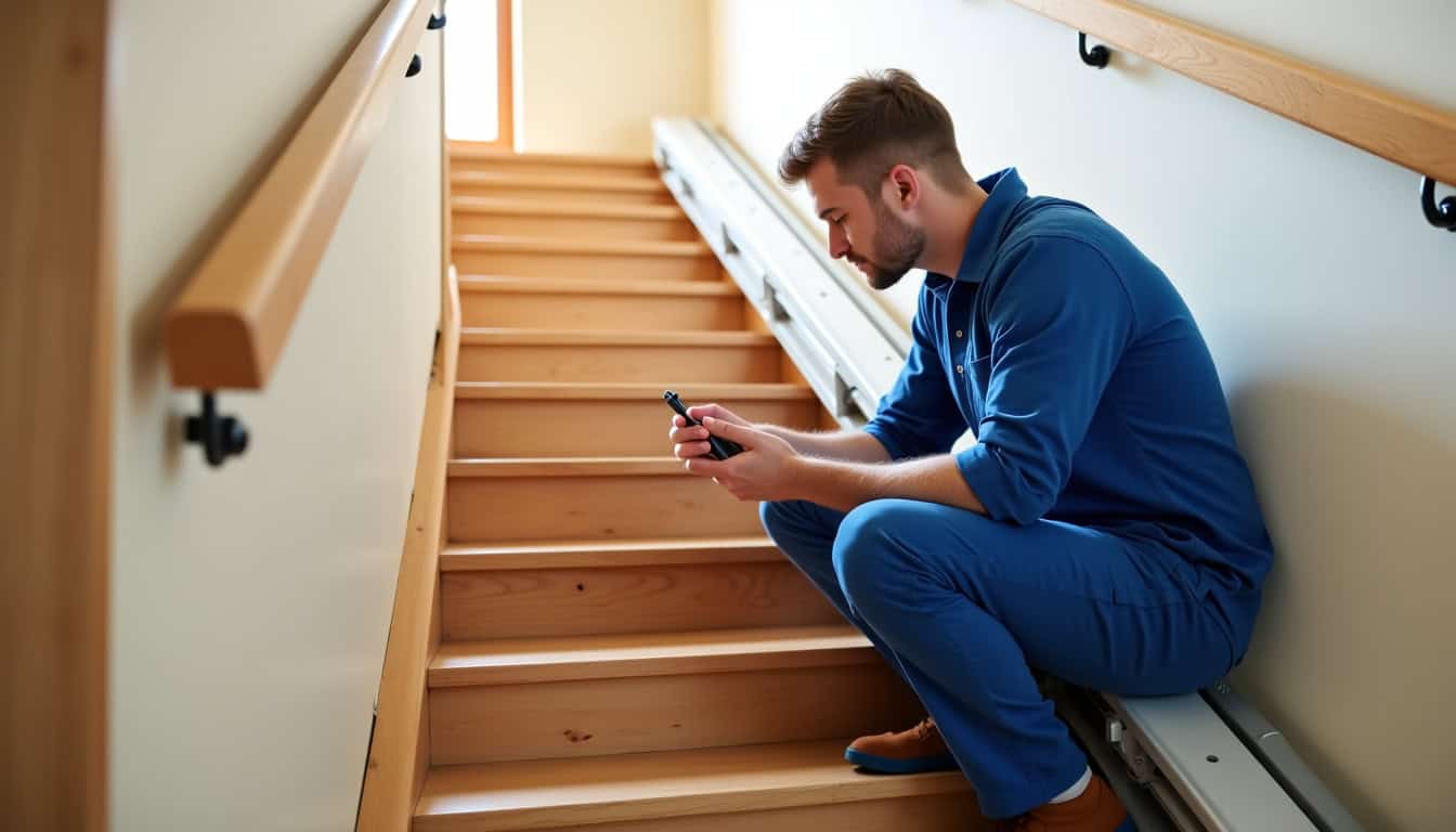 Technicien en train de vérifier un monte-escalier dans une maison à Cambrai