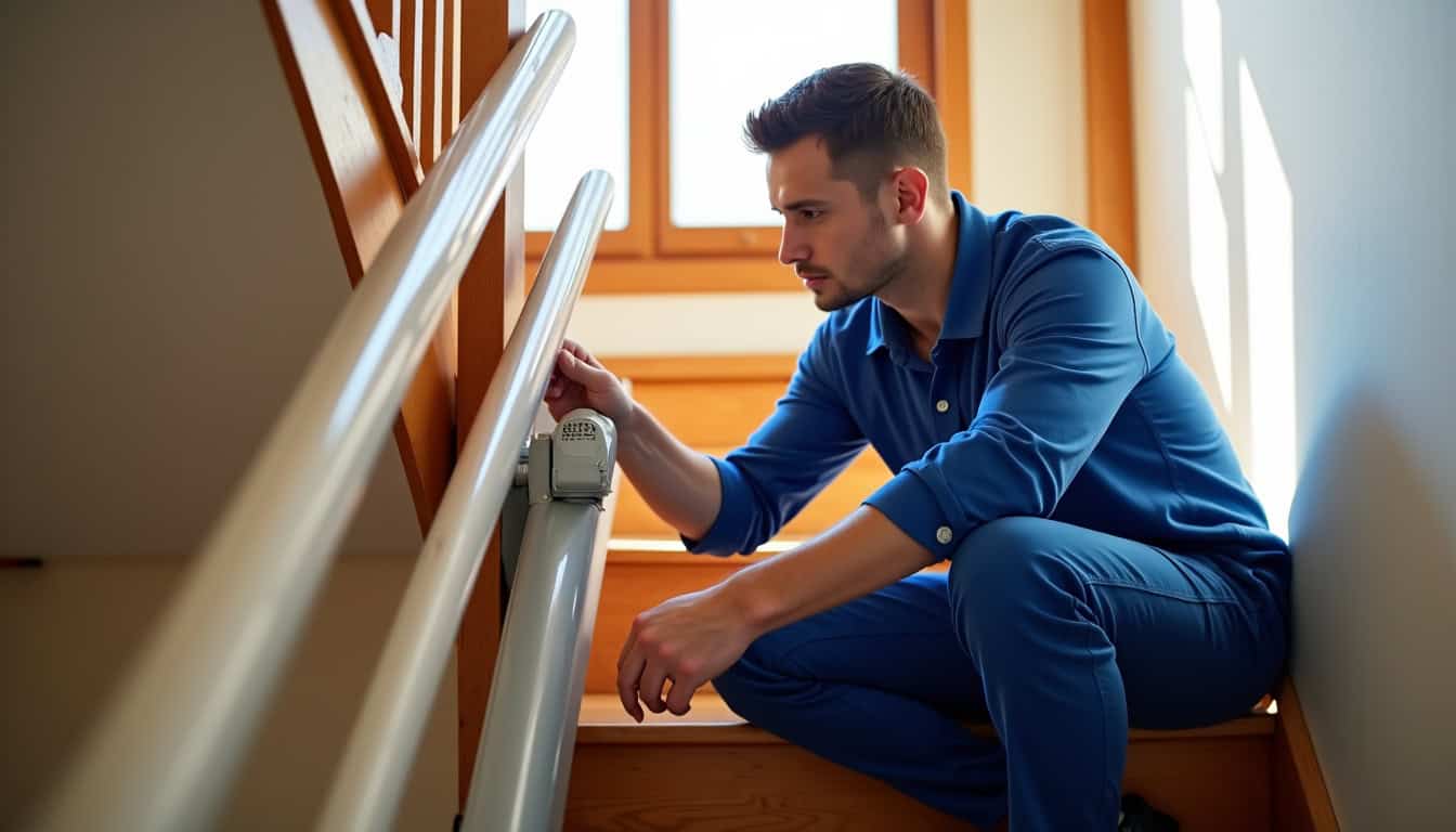 Technicien en train de vérifier un monte-escalier en cours de maintenance à Peujard