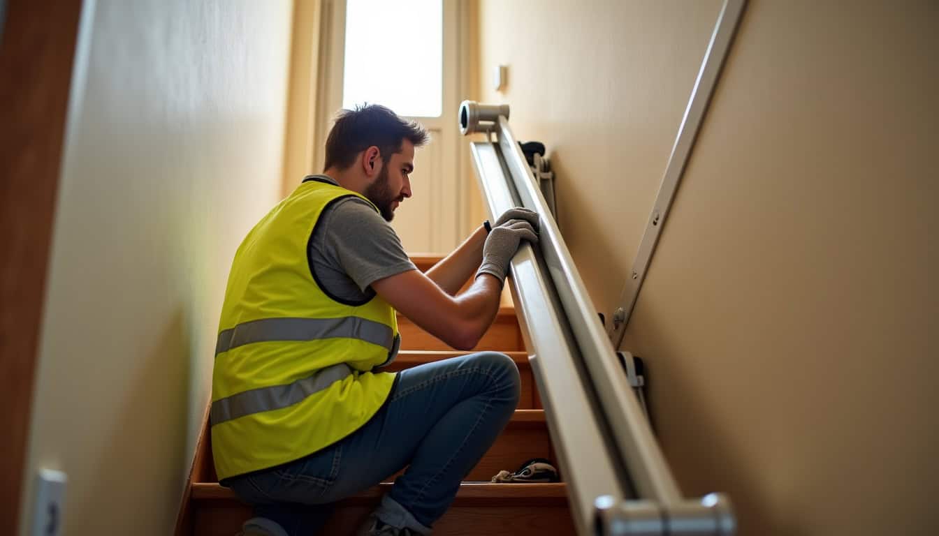 Technicien en train de vérifier un monte-escalier en cours d’installation à Le Breuil-sur-Couze