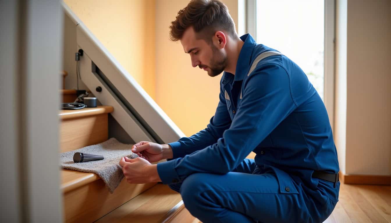 Technicien en train de vérifier un monte escalier en maintenance à Pechbonnieu