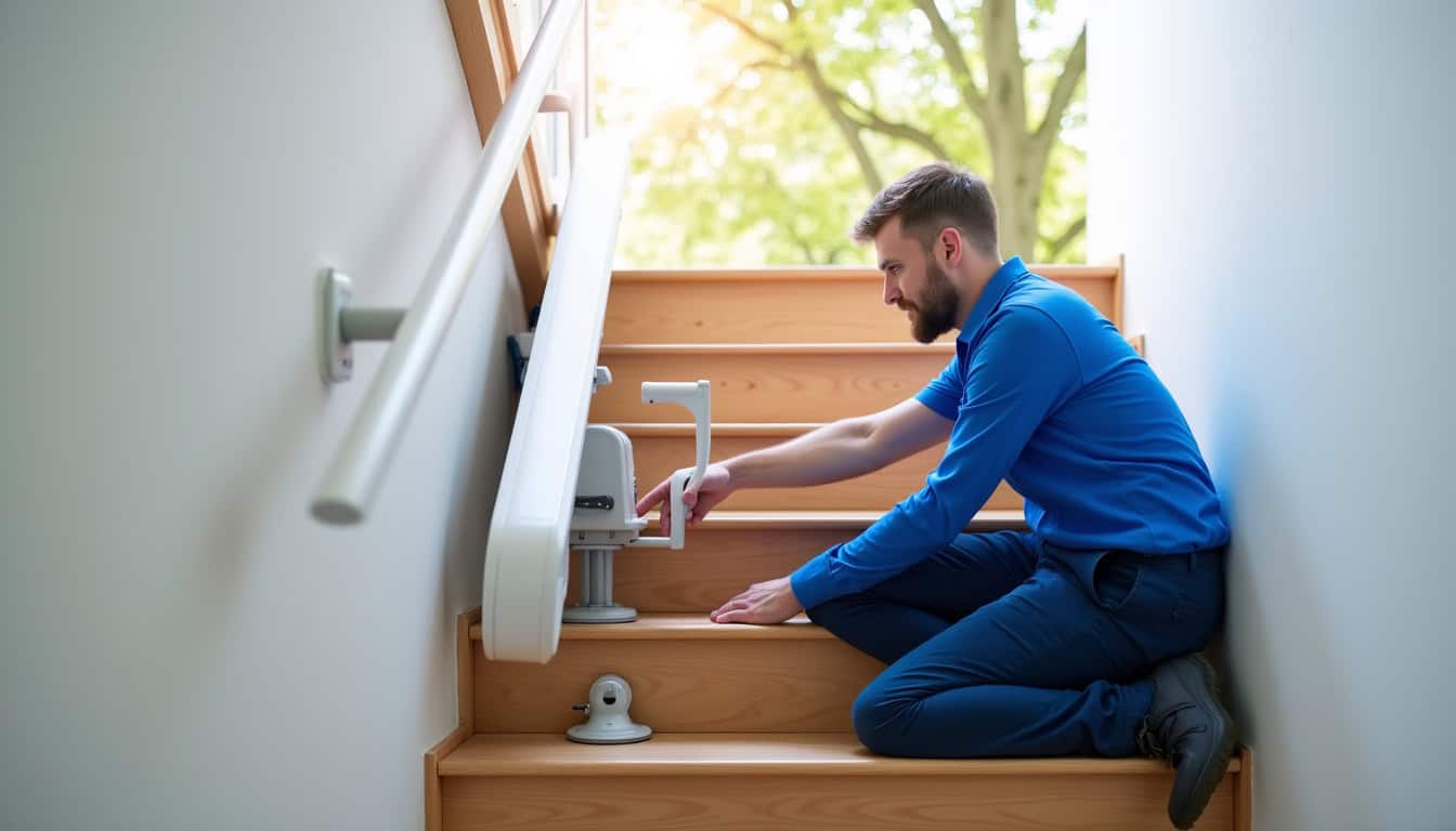 Technicien en train de vérifier un monte-escalier installé à Radinghem-en-Weppes