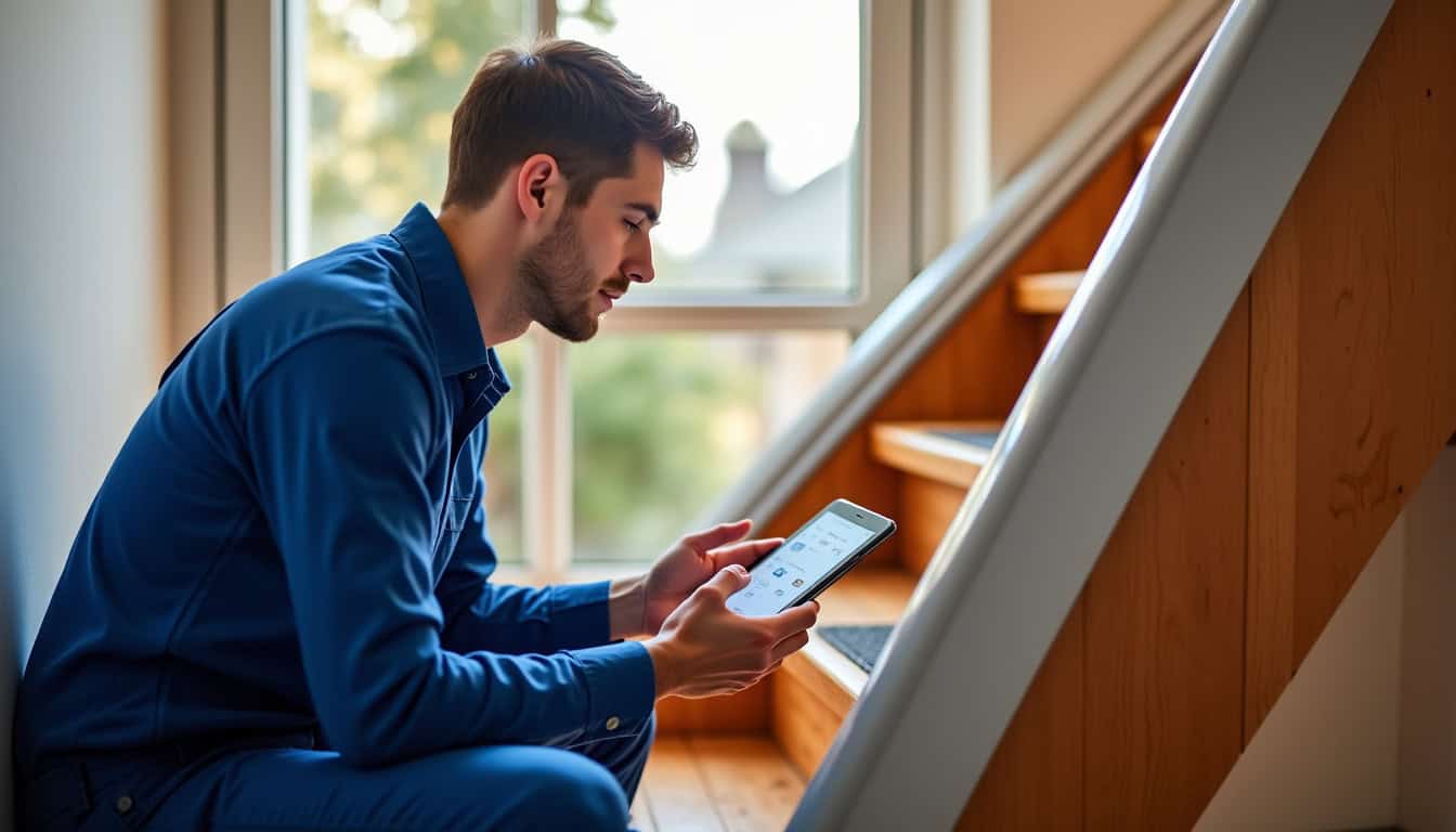 Technicien en train de vérifier un monte-escalier installé dans une maison de Saint-Parres-lès-Vaudes