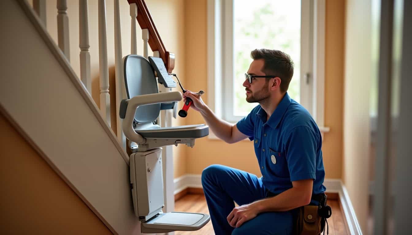Technicien en train de vérifier un monte-escalier lors d’un entretien à Évin-Malmaison