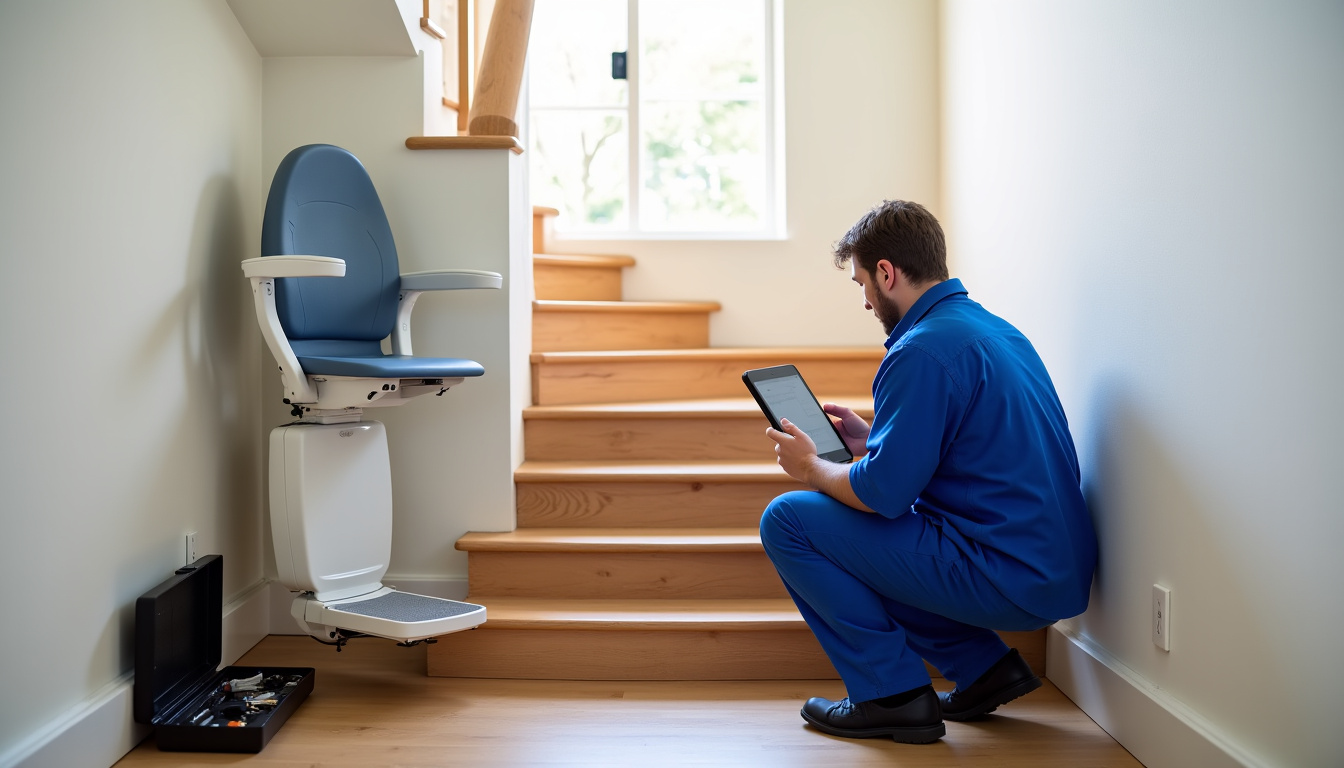 Technicien en train de vérifier un monte-escalier lors d’une visite d’entretien à Magny-Vernois