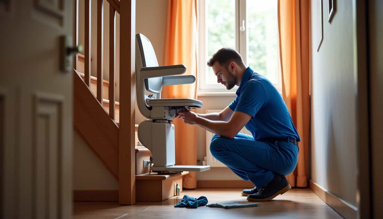 Technicien en train d’effectuer la maintenance d’un monte-escalier à Kervignac