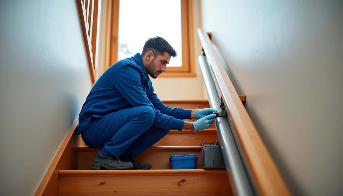 Technicien en train d’effectuer la maintenance d’un monte-escalier à Marennes