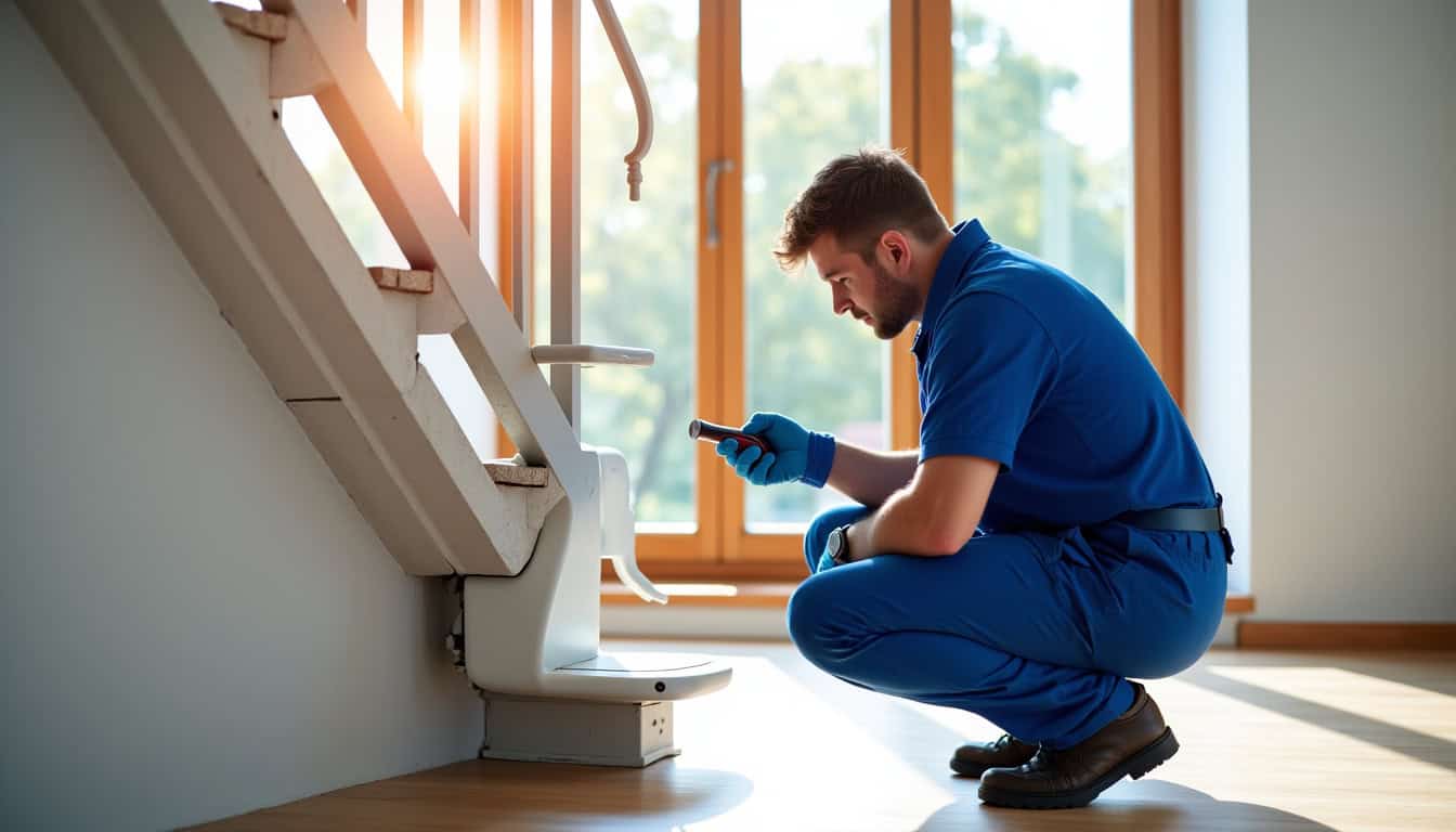 Technicien en train d’effectuer la maintenance d’un monte-escalier à Meyzieu