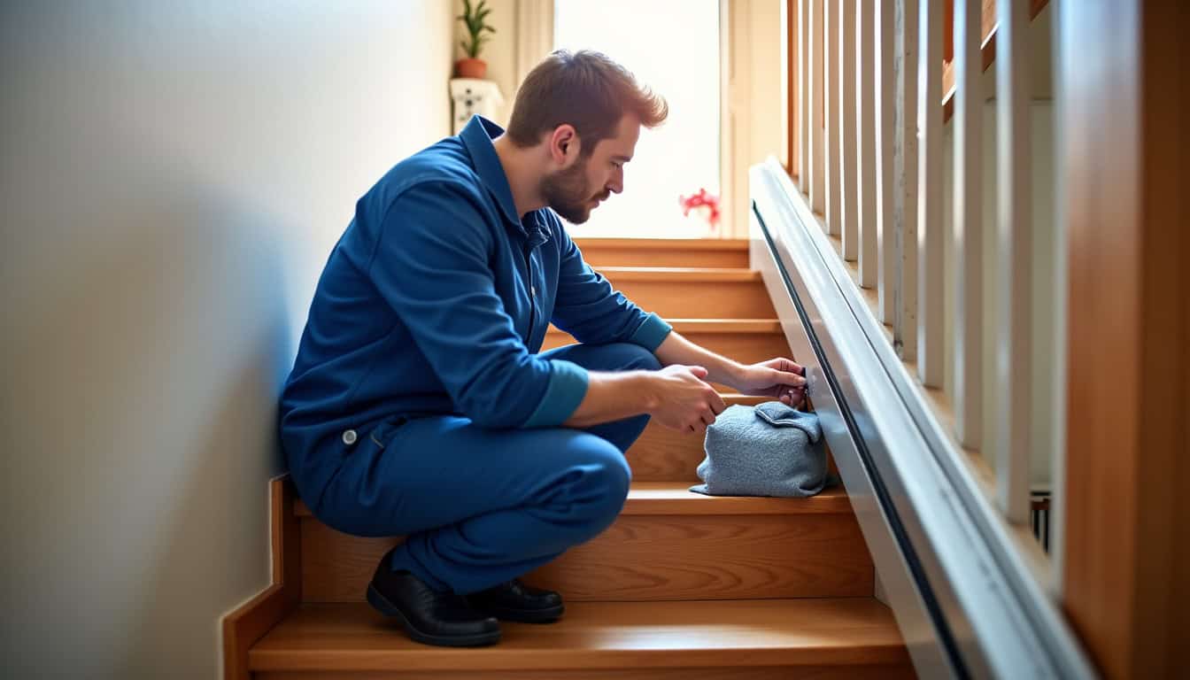 Technicien en train d’effectuer la maintenance d’un monte-escalier dans une maison à Yvetot