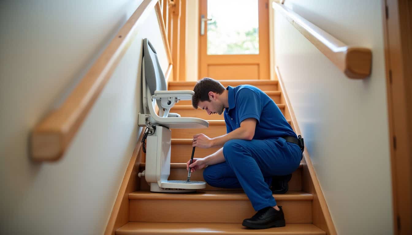 Technicien en train d’effectuer un contrôle de maintenance sur un monte-escalier à L