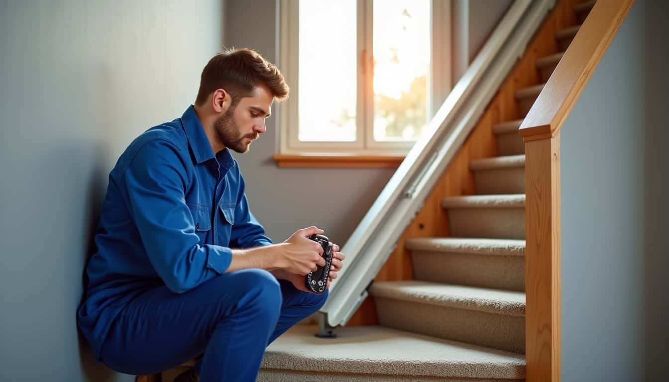 Technicien en train d’effectuer un entretien annuel sur un monte-escalier à Ham
