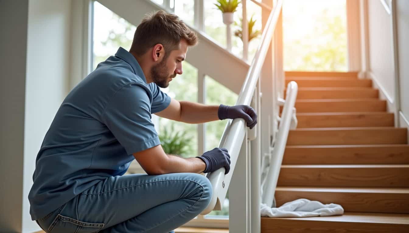 Technicien en train d’effectuer un entretien annuel sur un monte-escalier tournant à Vendémian, nettoyage du rail et vérification des composants