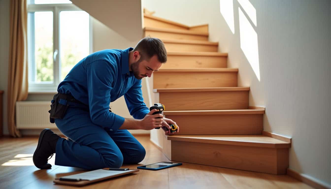 Technicien en train d’effectuer une étude technique pour un monte-escalier à Peujard