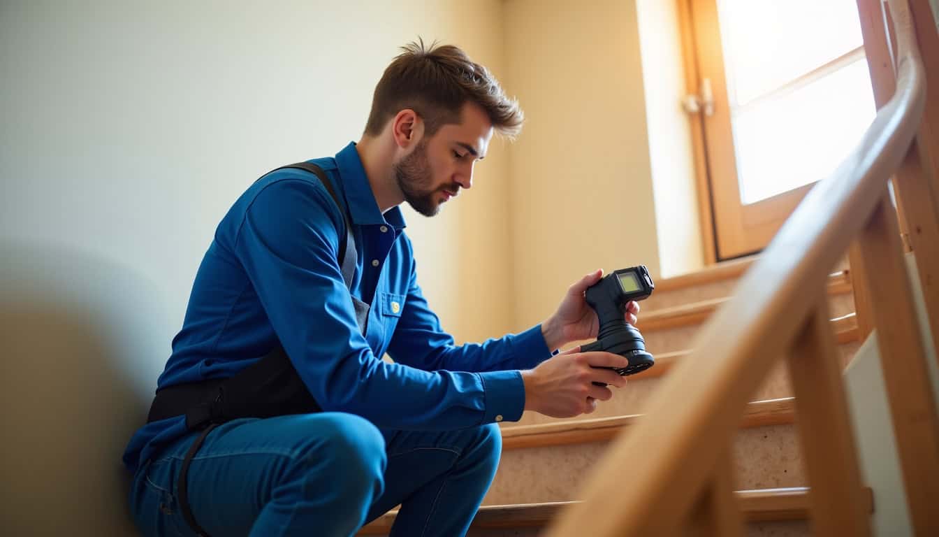 Technicien en train d’effectuer une mesure préalable pour un monte-escalier à Sore