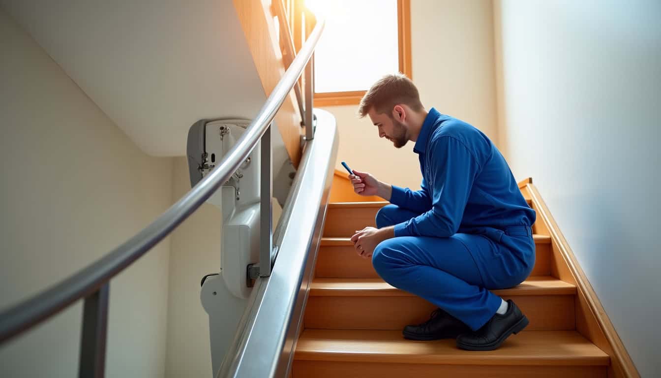 Technicien en train d’entretenir un monte-escalier à Fossé