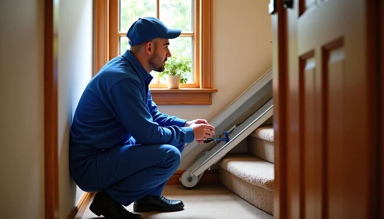 Technicien en train d’entretenir un monte-escalier à Tennie