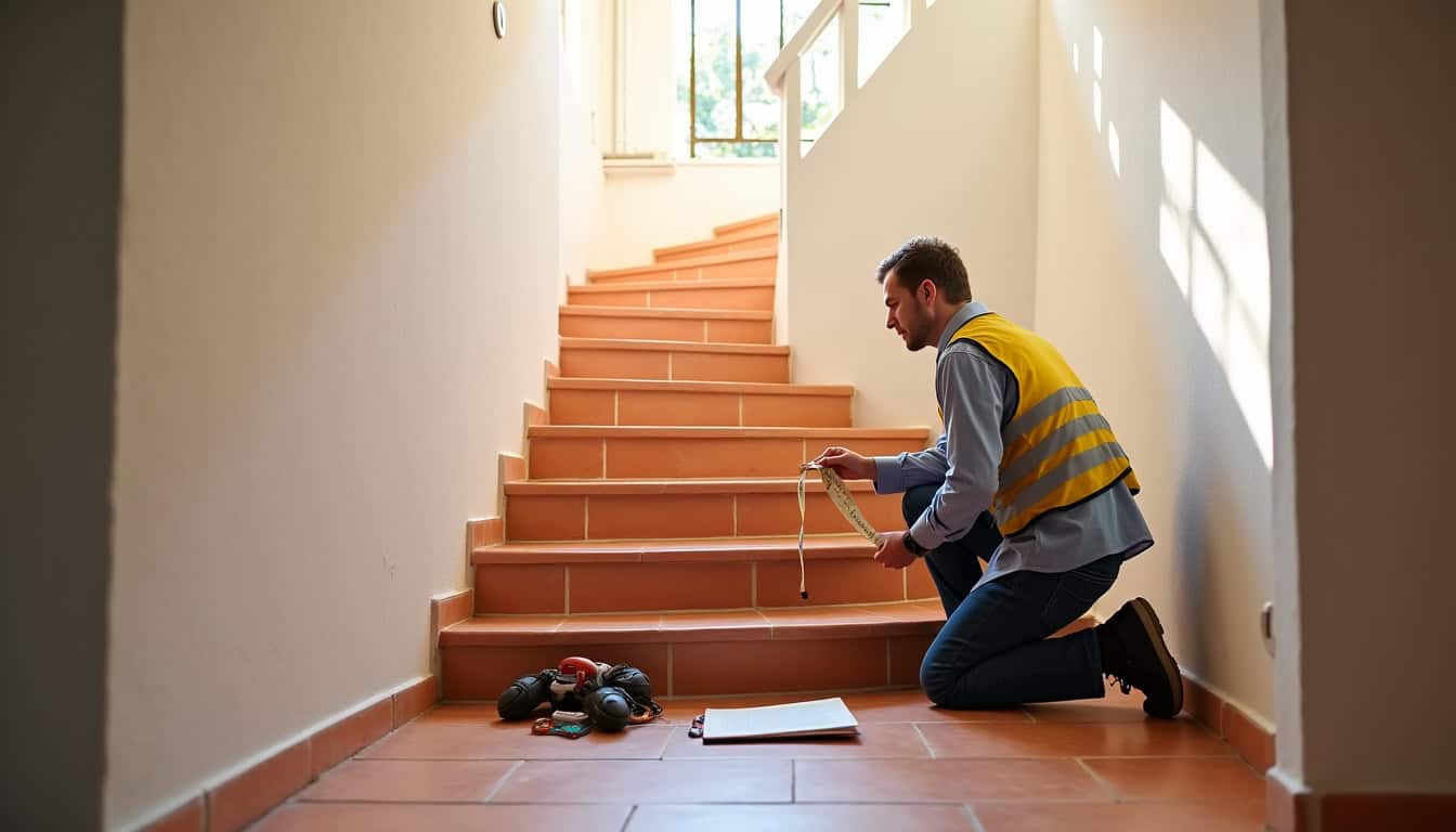 Technicien en train d’évaluer un escalier pour l’installation d’un monte-escalier à Saintes-Maries-de-la-Mer