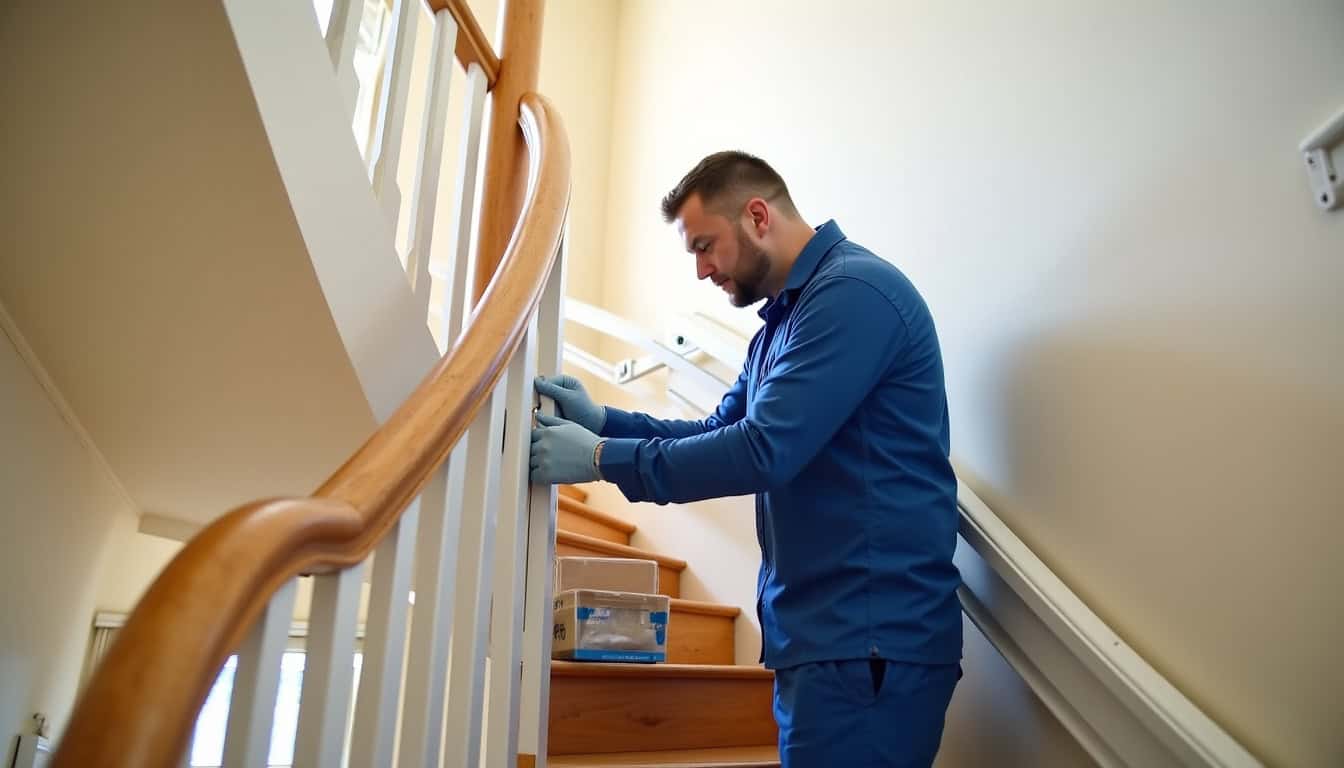 Technicien en train d’installer un monte-escalier à Aubigné-Racan