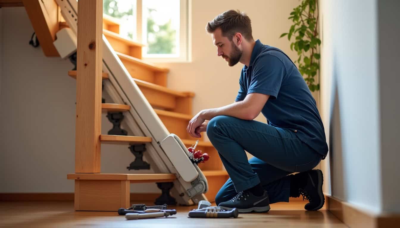 Technicien en train d’installer un monte-escalier à Bassens