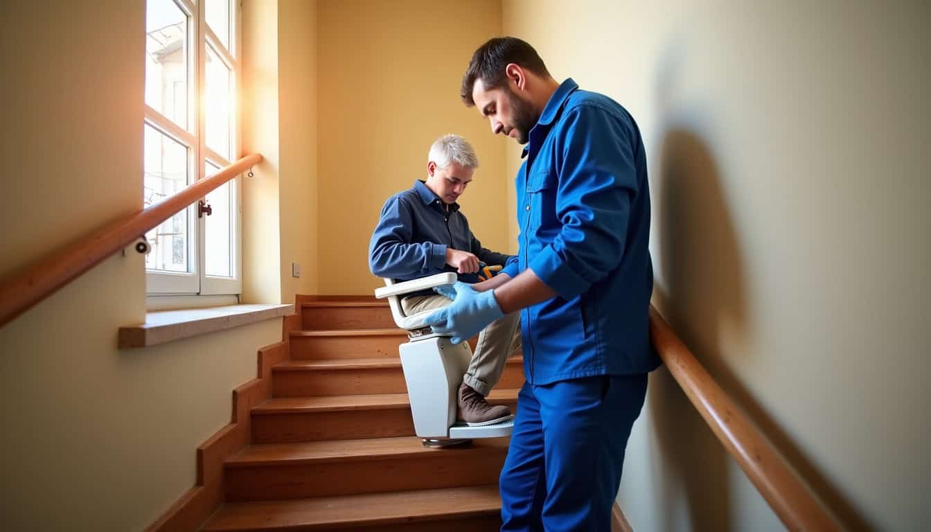 Technicien en train d’installer un monte-escalier à Beauvoir-sur-Niort