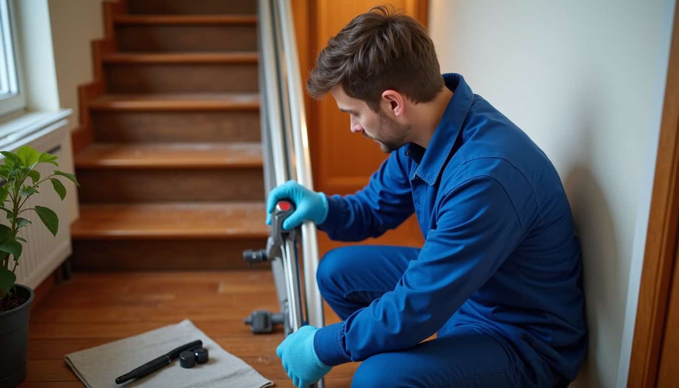 Technicien en train d’installer un monte-escalier à Bellegarde