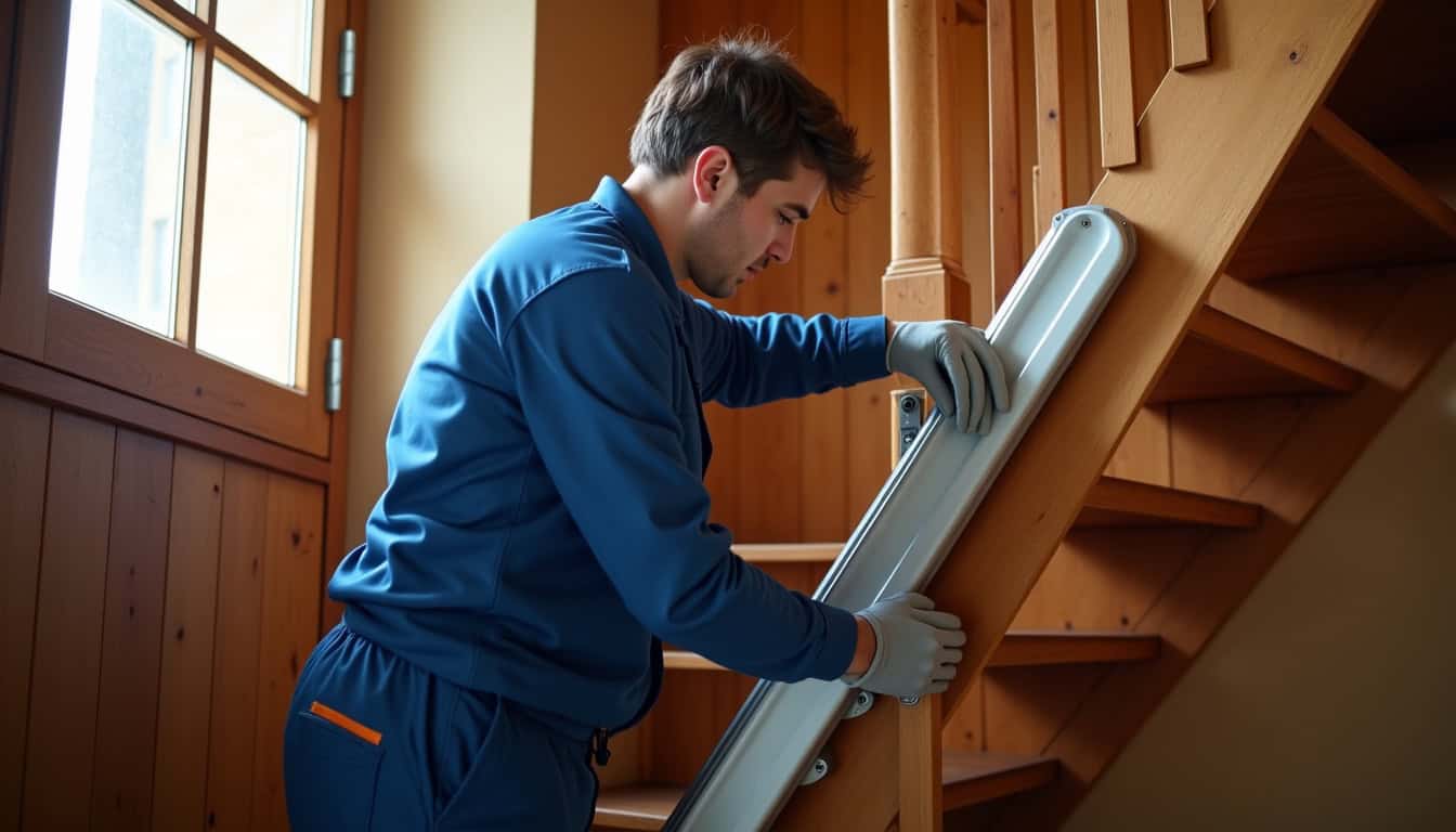 Technicien en train d’installer un monte-escalier à Chermignac