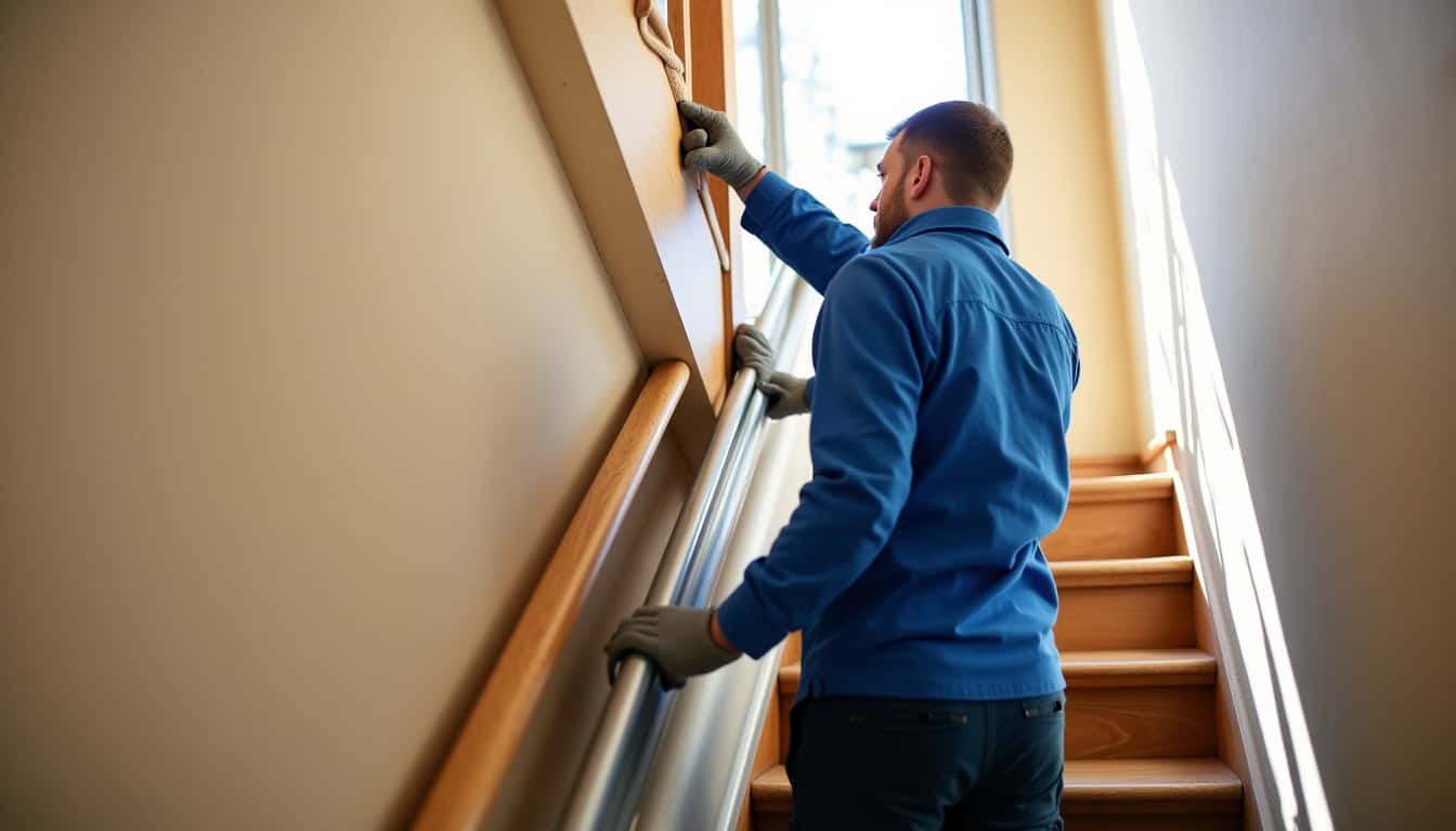 Technicien en train d’installer un monte-escalier à Clichy-sous-Bois