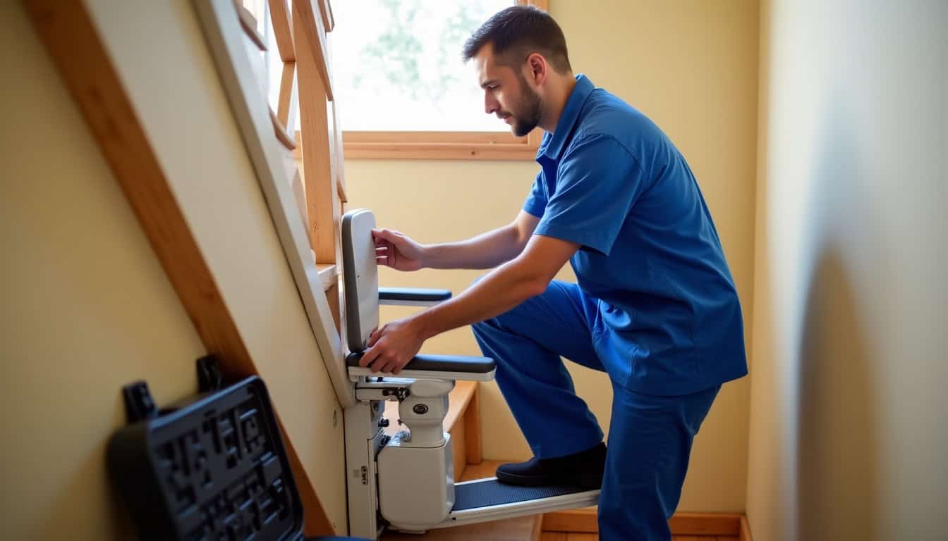Technicien en train d’installer un monte-escalier à Conches-sur-Gondoire