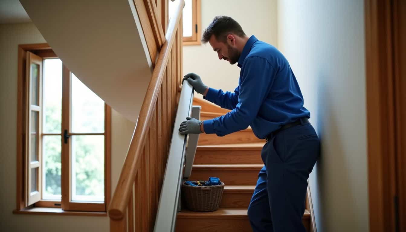 Technicien en train d’installer un monte-escalier à Coutouvre