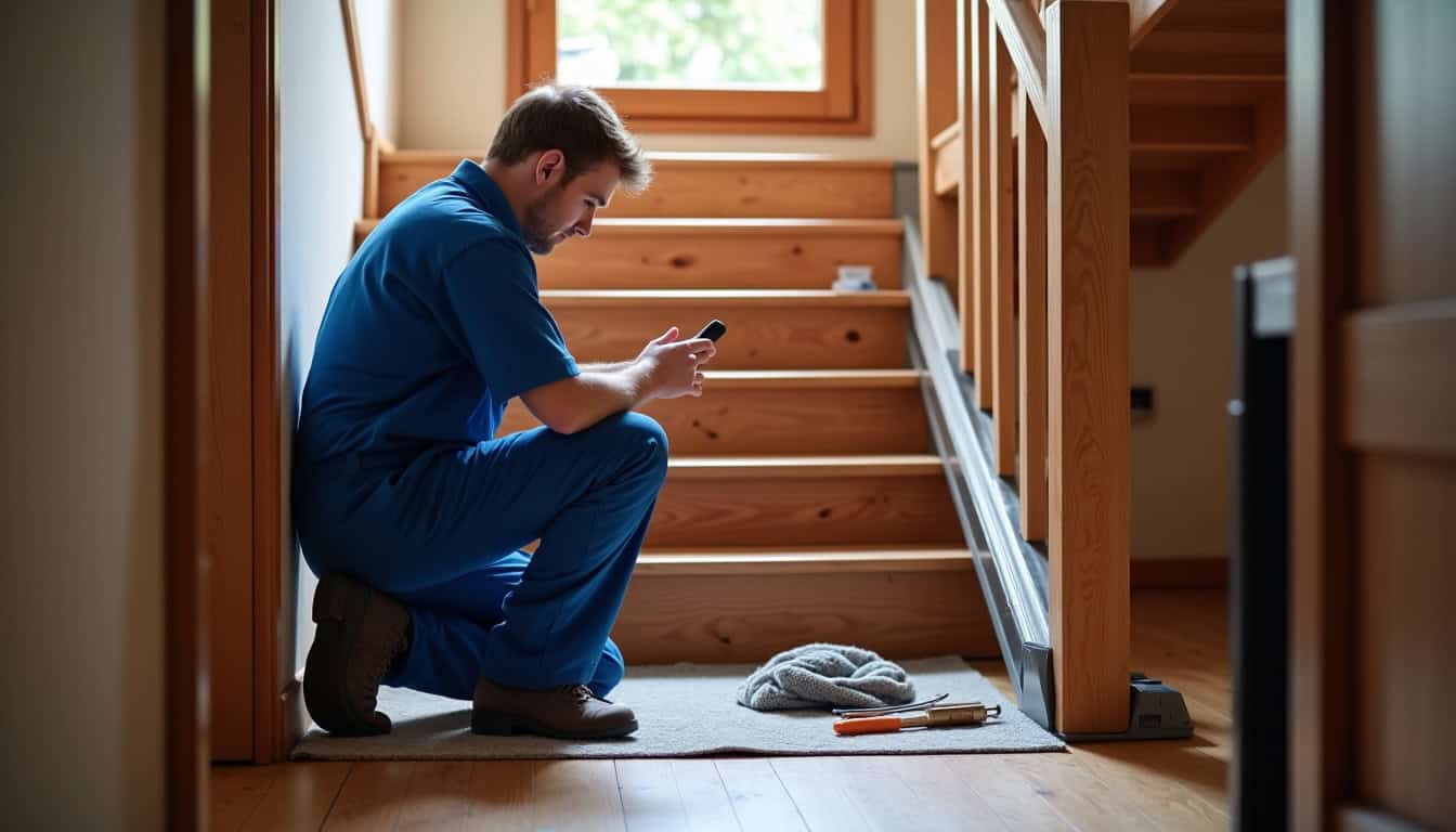 Technicien en train d’installer un monte-escalier à Domfront en Poiraie